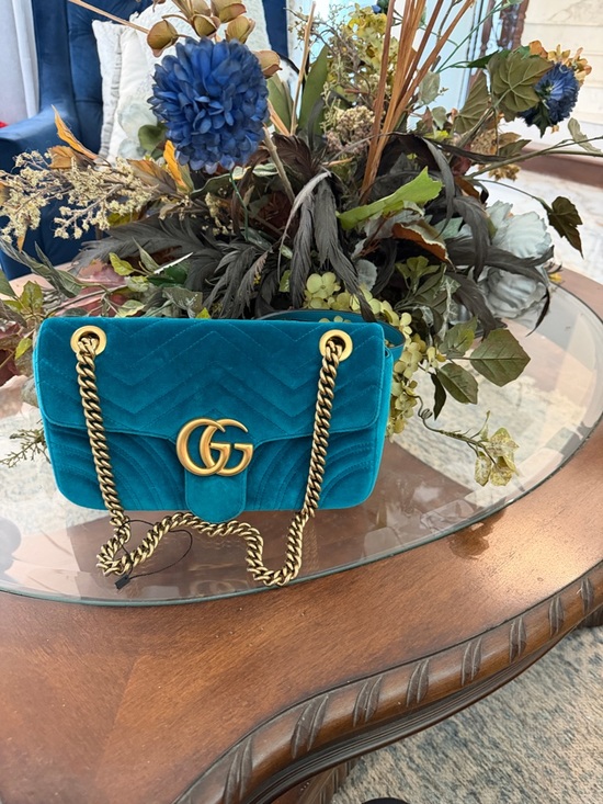 Gucci Handbags - Gucci Teal Velvet GG Marmont Shoulder Bag with Gold Hardware